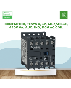 Contactor, TeSys K, 3P, AC-3/AC-3e,440V 6A, aux. 1NO, 110V AC coi - LC1K0610F7