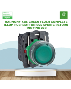 Harmony XB5 green flush complete illum pushbutton Ø22 spring return 1NO+1NC 220...240V - XB5AW33M5