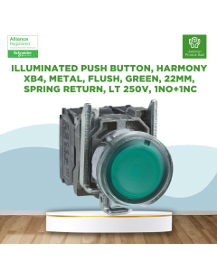 Illuminated push button, Harmony XB4, metal, flush, green, 22mm, spring return, lt 250V, 1NO+1NC - XB4BW3365
