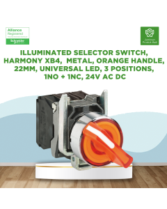 Illuminated selector switch, Harmony XB4, metal, orange handle, 22mm, universal LED, 3 positions, 1NO + 1NC, 24V AC DC - XB4BK135B5