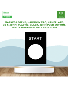 Marked legend, Harmony XAC, nameplate, 30 x 40mm, plastic, black, 22mm push button, white marked START - ZB2BY2303
